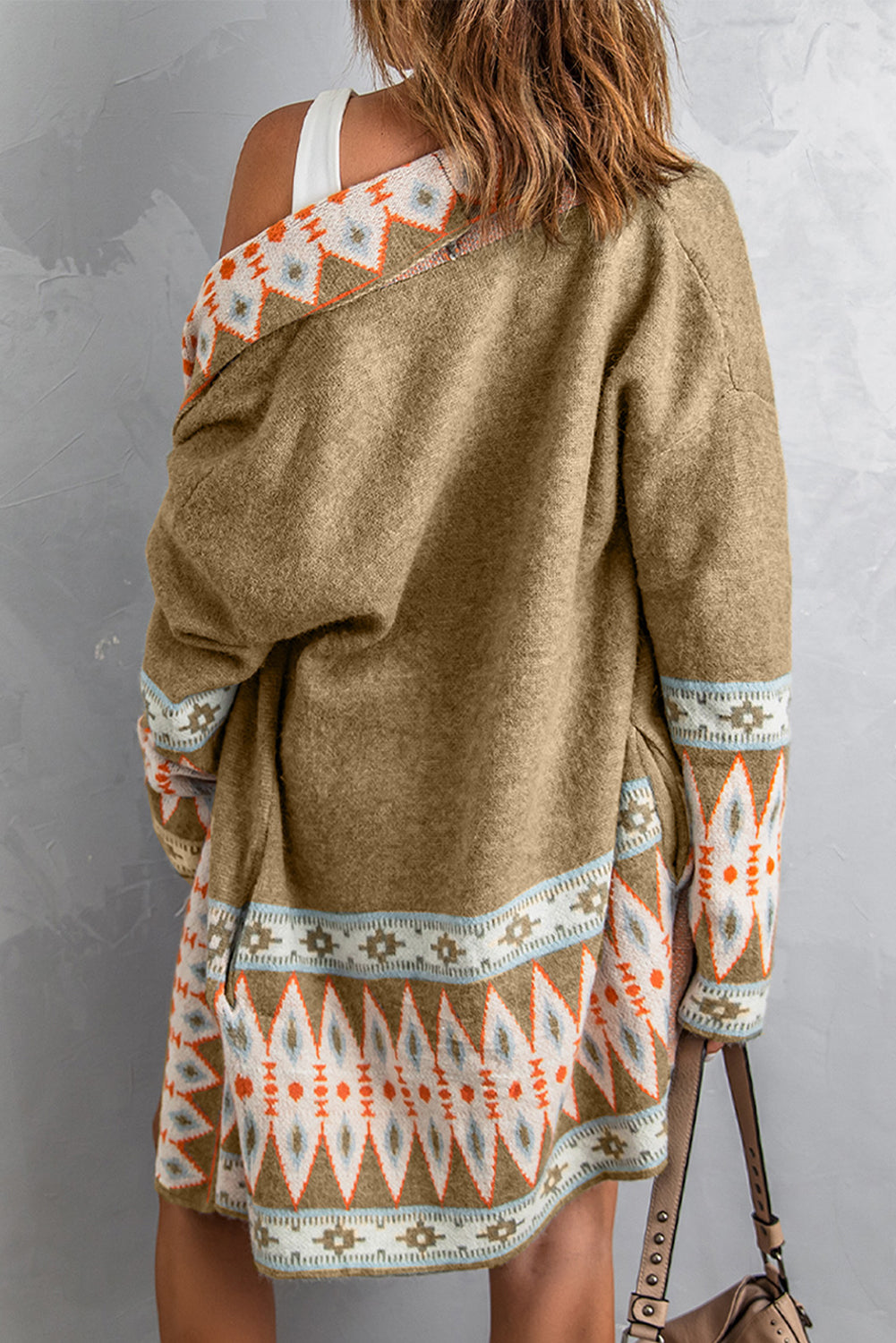 Khaki Aztec Print Open Front Knitted Cardigan - Velvet Stardust Co.