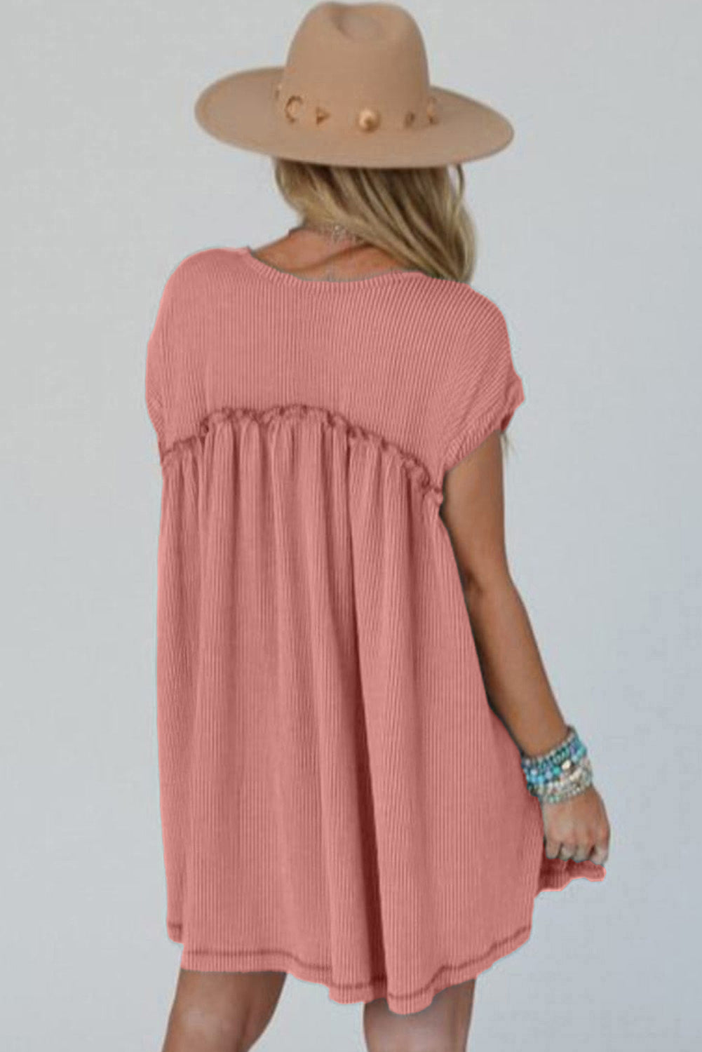 Dusty Pink Corded Knit Textured Patched Pocket Frilled Swing Mini Dress with Pockets - Velvet Stardust Co.