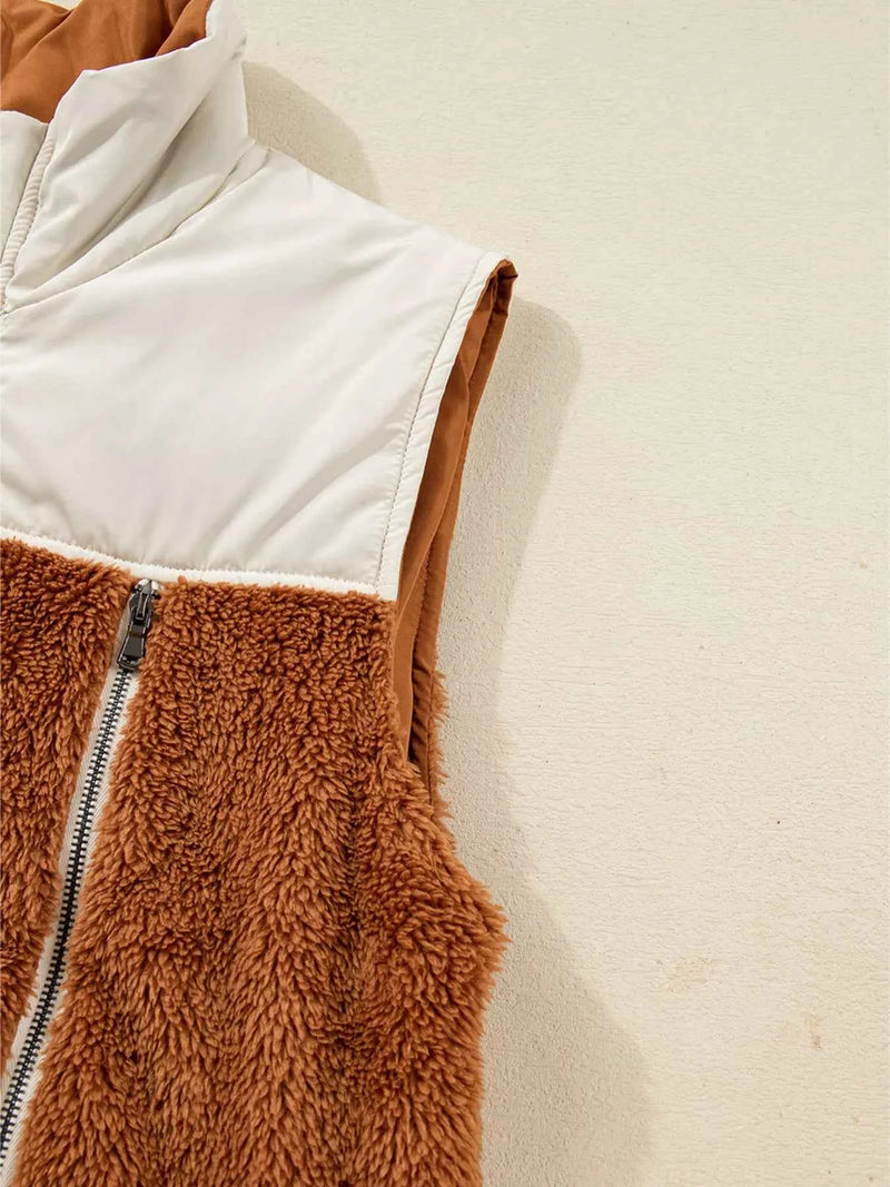 Color Block Plush Patchwork Zipper Stand Neck Vest Coat