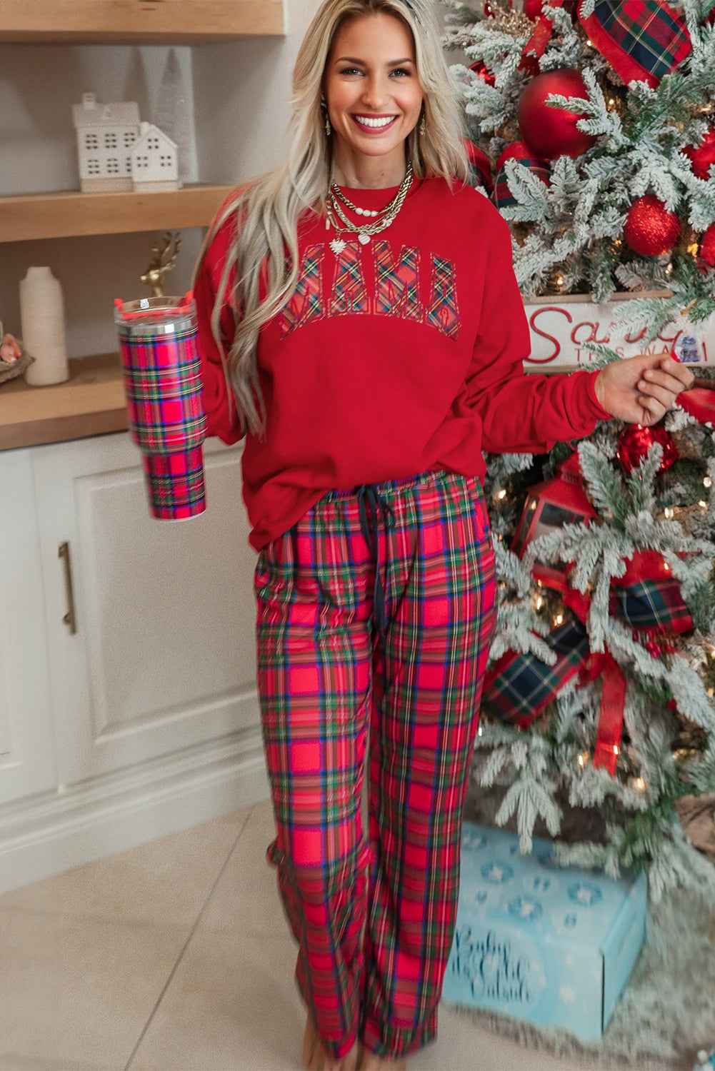 Red Plaid MAMA Graphic Christmas Holiday Crewneck Pullover and Pants Lounge Set - Velvet Stardust Co.