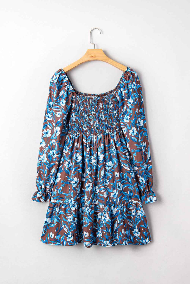Blue Smocked Bodice High Waist Ruffled Sleeve Floral Dress