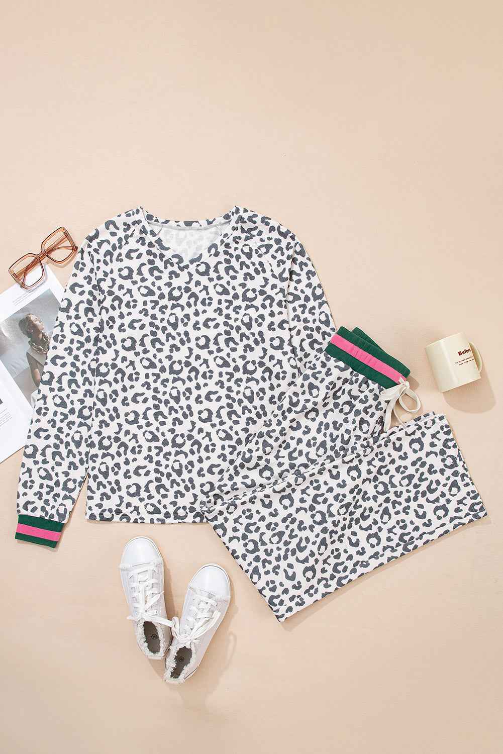 Gray Leopard Contrast Trim Long Sleeve Pullover and Pants Set - Velvet Stardust Co.