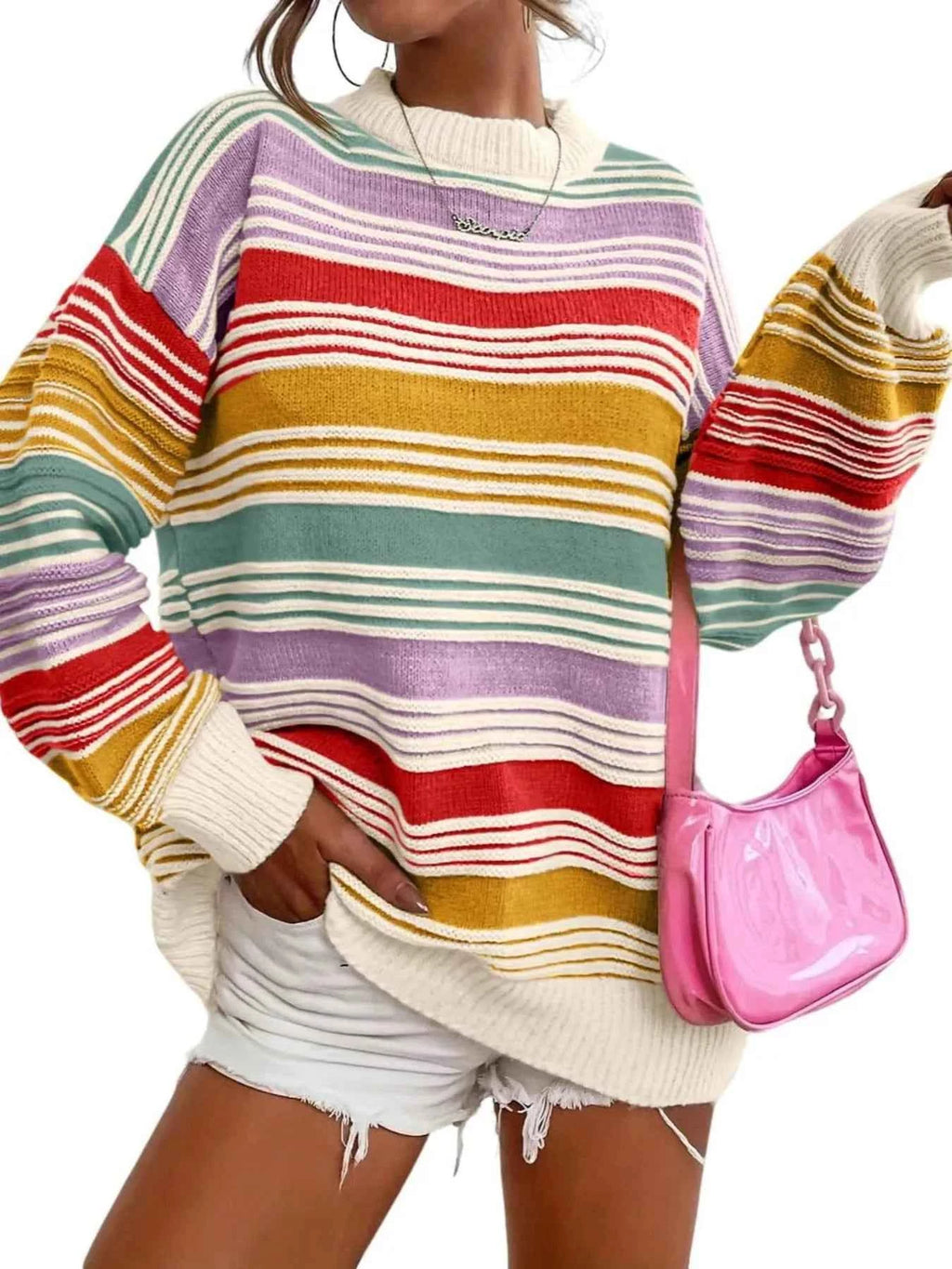 Rainbow Striped Drop Shoulder Oversized Sweater - Velvet Stardust Co.