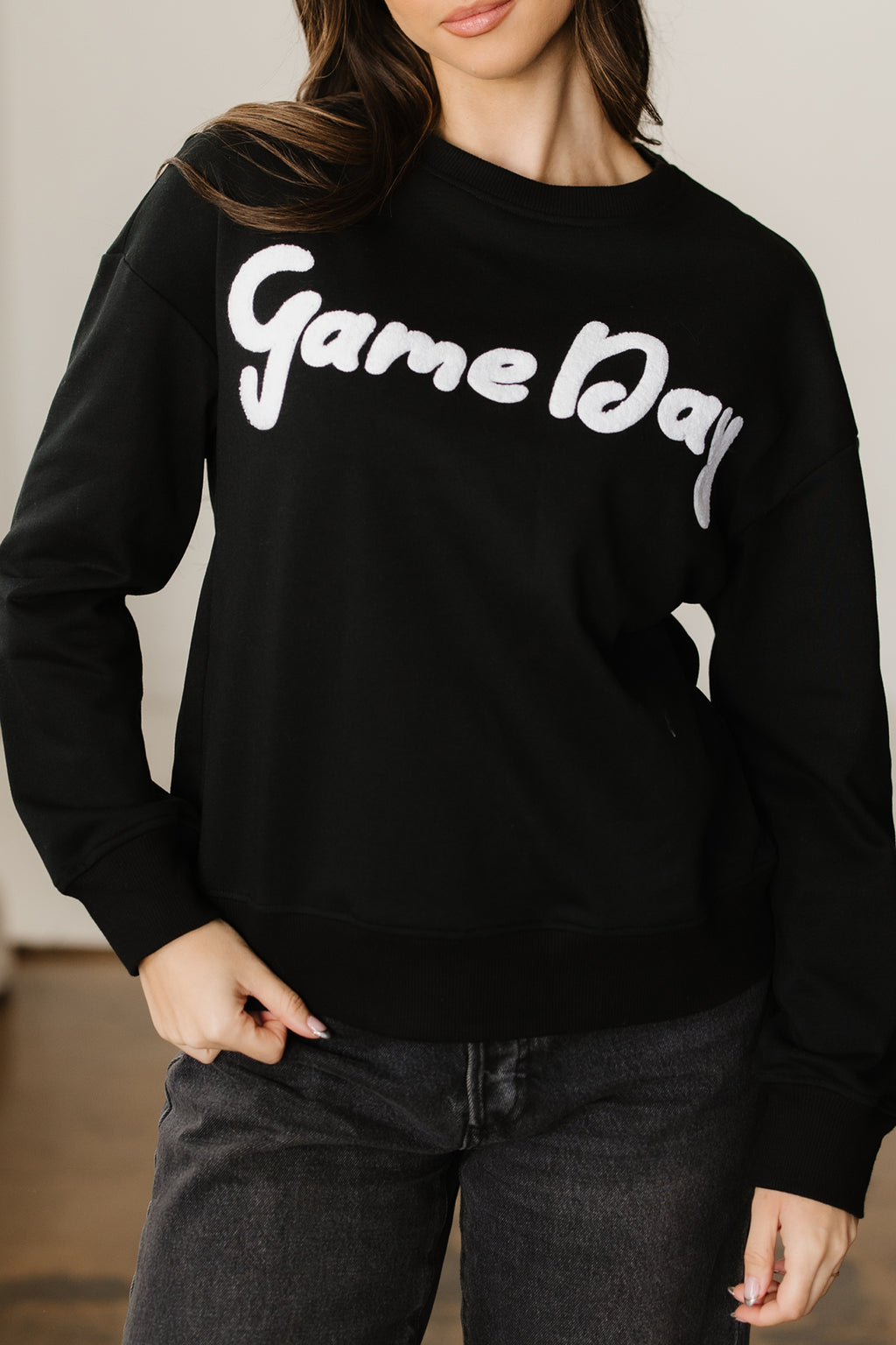Black Chenille Game Day Graphic Drop Shoulder Sweatshirt