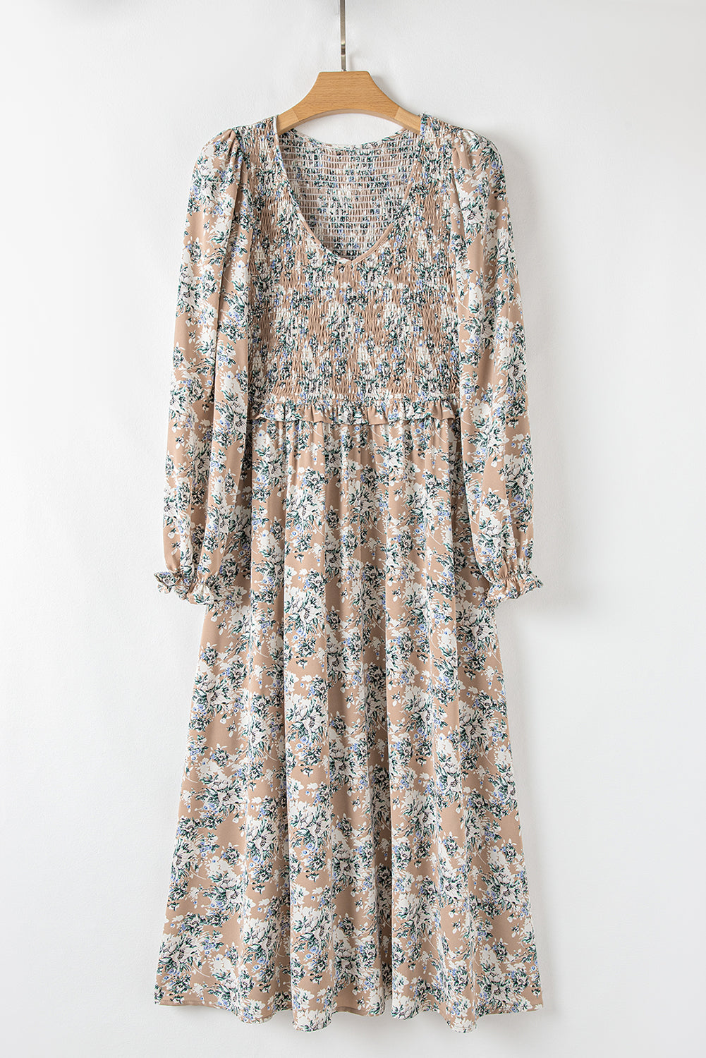 Khaki Maple Grove Floral Smocked Puff Sleeve Long Dress - Velvet Stardust Co.
