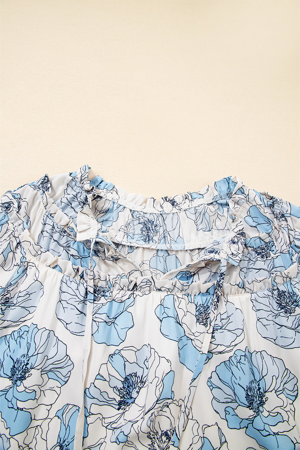 Sky Blue Floral Print Tie Neck Long Sleeve Flowy Mini Dress - Velvet Stardust Co.