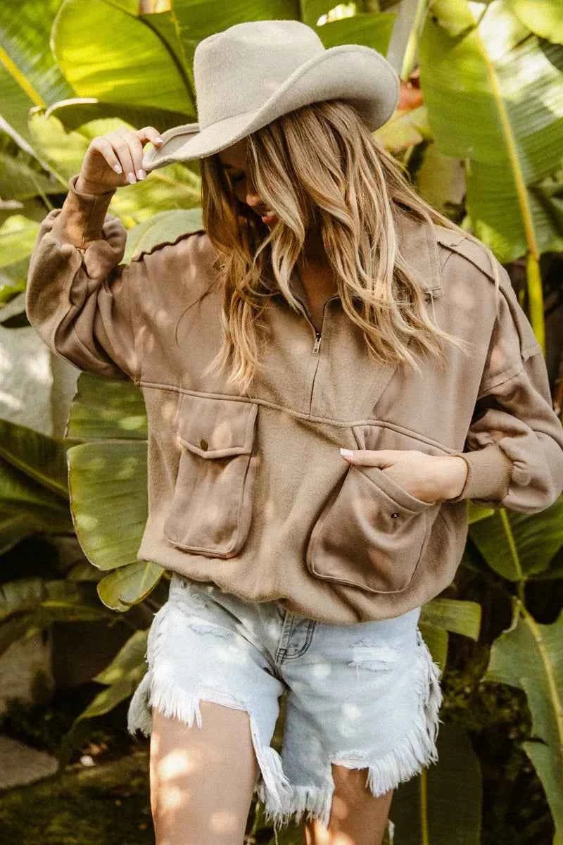 BiBi Half Zip Vintage Washed Fleece Pullover - Velvet Stardust Co.