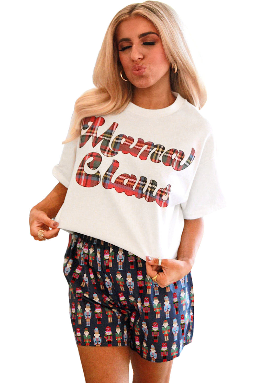 Pink Mama Claus Plaid Letter Tee Nutcracker Shorts 2pcs Lounge Set - Velvet Stardust Co.