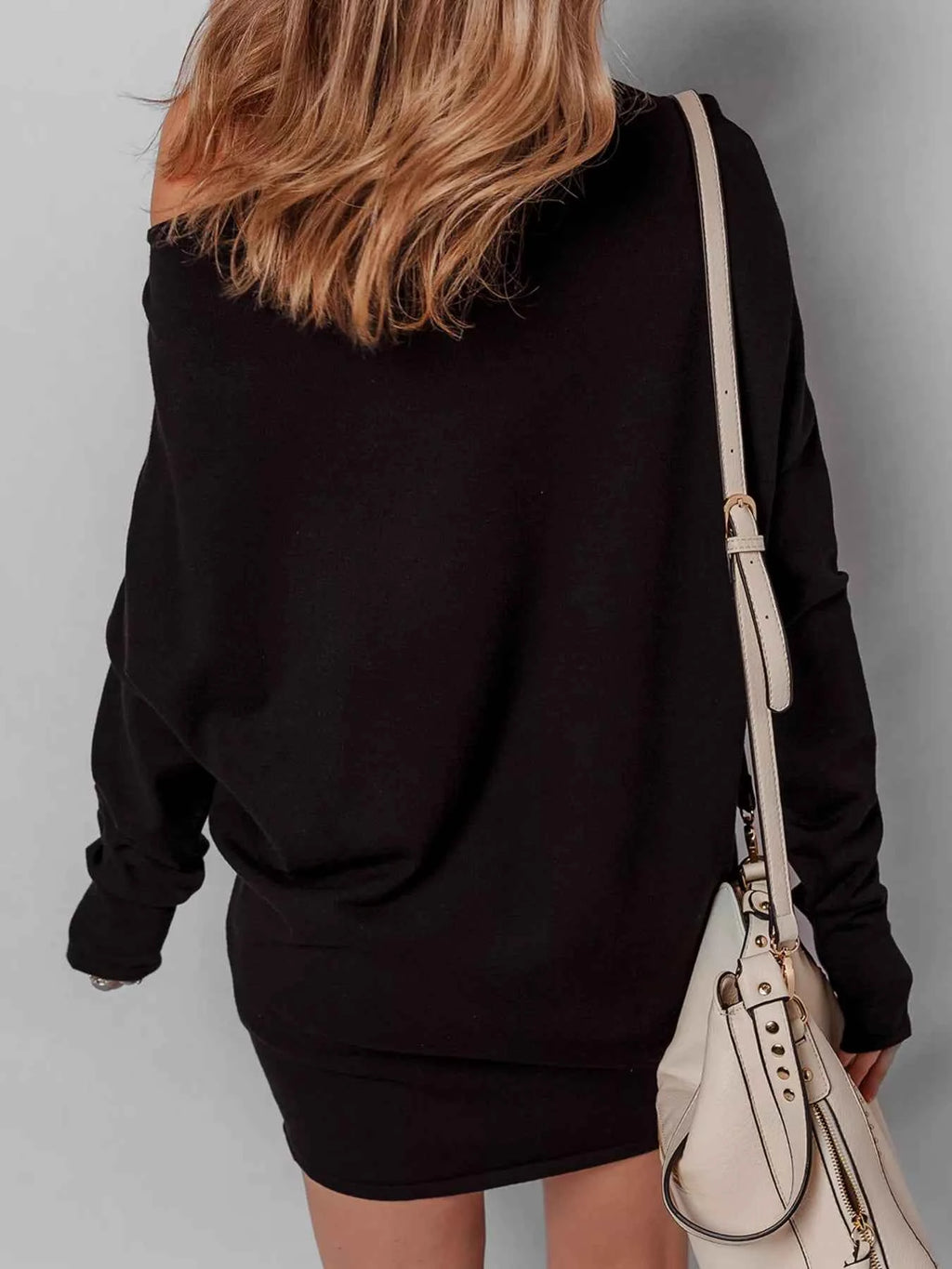 Asymmetric Neck Batwing Sleeve Shift Mini Sweater Dress – Velvet Stardust Co. - Velvet Stardust Co.